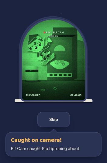 Door 8 on the kids' side: an Elf Cam tape plays on the door's glass in night vision, the elf tumbling out of a cereal box onto the kitchen worktop. Underneath: Caught on camera! Elf Cam caught Pip tiptoeing about.